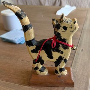 Artisan Cat Figurine with Red Ribbon